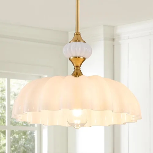 Lámpara colgante de araña floral blanca, 15.7 pulgadas, ajustable, para isla de cocina, lámpara de techo de flores de vidrio vintage para comedor,