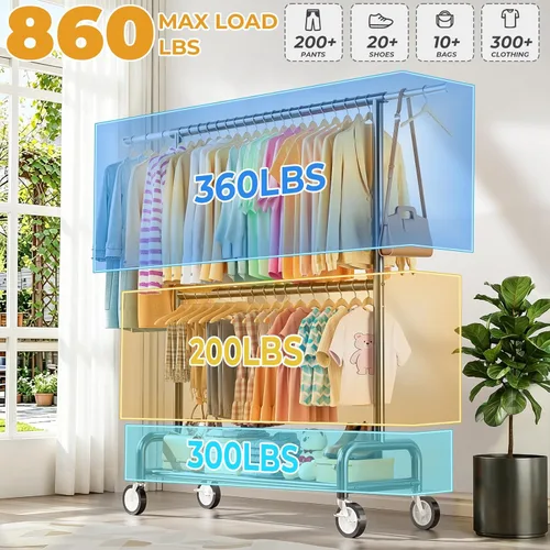 Miniatura 2 de Perchero de ropa resistente con carga de 860 libras, estantes de ropa rodantes de doble barra para colgar ropa, estante de ropa rodante con estantes