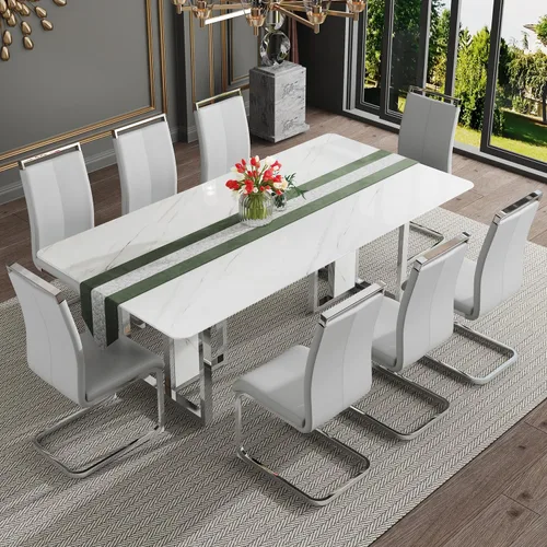 Miniatura 25 de Juego de mesa de comedor moderno de 67 pulgadas para 6, juego de mesa de cocina blanca, juego de mesa de comedor de lujo con mesa de mármol