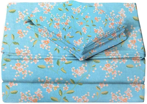 Miniatura 39 de JSD Juego de sábanas con estampado floral azul, tamaño Queen, 4 piezas, sábanas de microfibra con patrón suave, bolsillo extra profundo Sakura