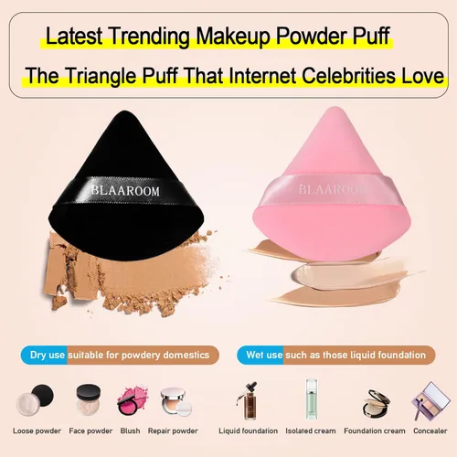 Miniatura 3 de 6 piezas de maquillaje facial de terciopelo suave triangular, para polvo suelto, polvo mineral, polvo corporal, base cosmética húmeda y seca, Negro