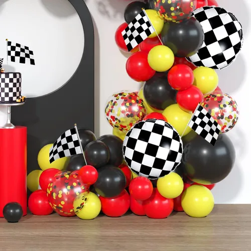 Miniatura 5 de Kit de guirnalda de globos de látex rojo, negro y amarillo, arco de globos de látex blanco y negro, bandera para baby shower, autos, camiones