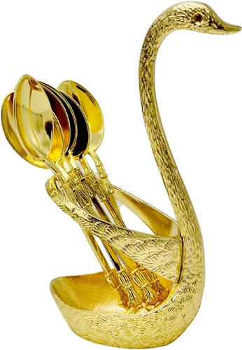 Miniatura 5 de Swan Spoon Eid - Juego de cubiertos de cuchara pequeña – Cubertería festiva de lujo, decoración moderna con soporte de 7 piezas (dorado)