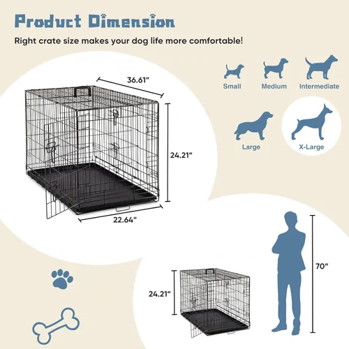 Miniatura 5 de DUMOS Jaula para perros, jaula mediana de doble puerta de 36 pulgadas con bandeja de plástico a prueba de fugas, asa, perrera plegable de alambre