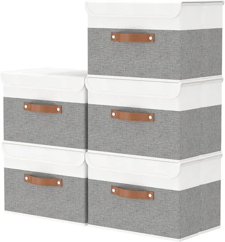 Miniatura 19 de OUTBROS Caja de almacenamiento plegable grande con tapa, organizador de armario de tela de lino, contenedores para toallas, ropa, 15 x 9.8 x 9.8