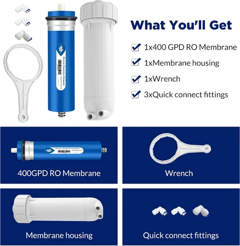 Miniatura 5 de Membrane Solutions Membrana RO de 400 GPD, membrana de ósmosis inversa con carcasa de membrana, accesorios de conexión rápida de 1/4 pulgadas