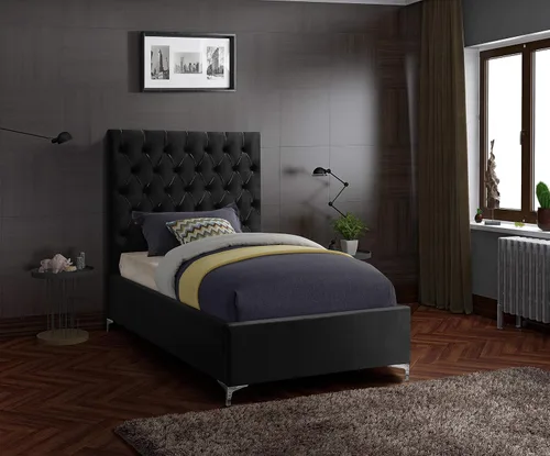 Miniatura 5 de Meridian Furniture Colección moderna Cruz Cama tapizada de terciopelo contemporánea con acolchonamiento de botones profundos y juegos completos
