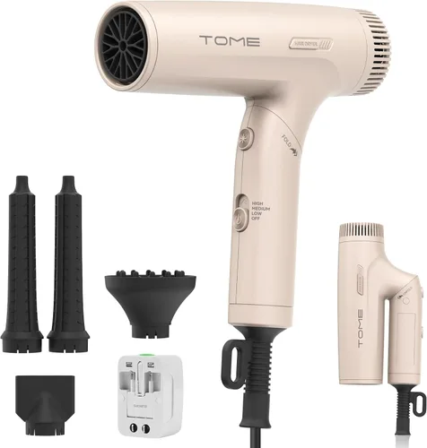 TOME Secador de pelo de viaje de doble voltaje, secador de pelo plegable, motor de CC, secado rápido de 1200 W, tiro frío, 3 calor y 3 velocidades,