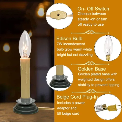 Miniatura 2 de Velas eléctricas de ventana de 7 pulgadas, lámpara de vela de ventana de Navidad con base de hierro de ciruela negra y bombilla de 7 W, luces