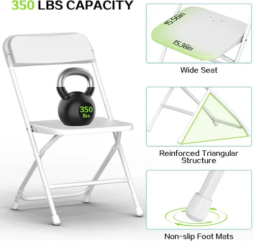 Miniatura 4 de Silla Plegable, Paquete de 4 Sillas Plegables de Plástico Blanco para Interiores y Exteriores, Asiento Comercial Apilable Portátil con Marco