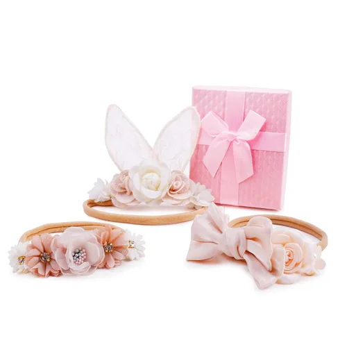 Miniatura 2 de cherrboll Juego de 3 diademas florales para bebé niña, súper suaves y elásticas, de nailon con orejas de conejo, diademas florales, regalo de Pascua