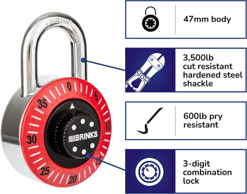Miniatura 3 de BRINKS Candado de combinación de esfera de 1.969 in – Gimnasio resistente, casillero escolar y candado de bicicleta, grillete de acero endurecido