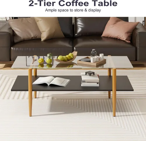 Miniatura 3 de Furnify Mesa de centro de cristal, mesa central rectangular para sala de estar con patas doradas, mesas decorativas modernas de mediados de siglo