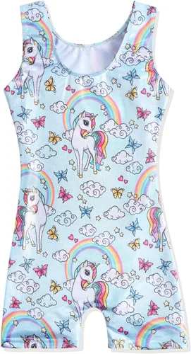 Miniatura 112 de HOZIY - Leotardos de gimnasia con pantalones cortos brillantes para niñas pequeñas; estampados de unicornio, aurora, arco iris, sirena, dinosaurio
