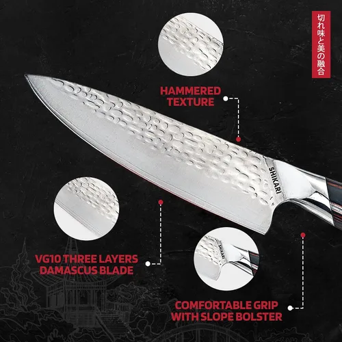 Miniatura 4 de SHIKARI Cuchillo de chef – Cuchillo japonés de 8 pulgadas con espiga completa VG-10 de acero de Damasco – Cuchillo de chef profesional con mango