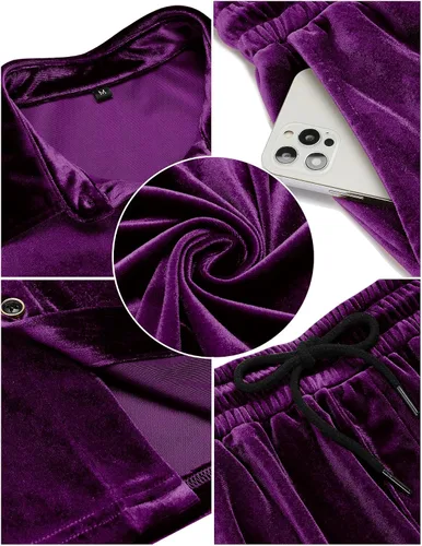 Miniatura 56 de LecGee Conjunto de pantalones cortos casuales de verano para hombre, camisa de terciopelo de manga corta con botones, pantalones cortos de cintura