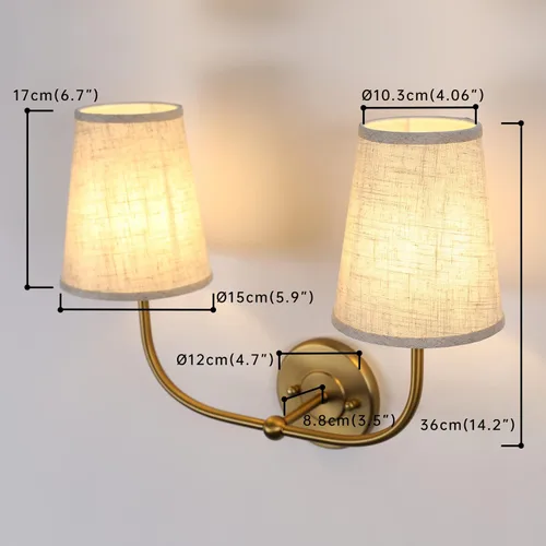 Miniatura 2 de Apliques de pared de 2 luces con embudo de tela de lino, lámparas de pared de doble luz para dormitorio, sala de estar, tocador, baño, pasillo, Latón