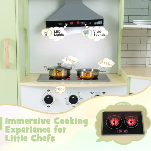 Miniatura 2 de Costzon Juego de cocina esquinera para niños, cocina de madera con sonidos y luces, lavadora, campana extractora, máquina de hielo, microondas, Verde