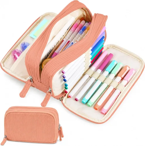 Miniatura 7 de Sooez Estuche de Lápices de Gran Capacidad con Funda para Bolígrafos, Bolsa de Lápiz de Corduroy Suave con 3 Compartimentos, Múltiples Bolsillos