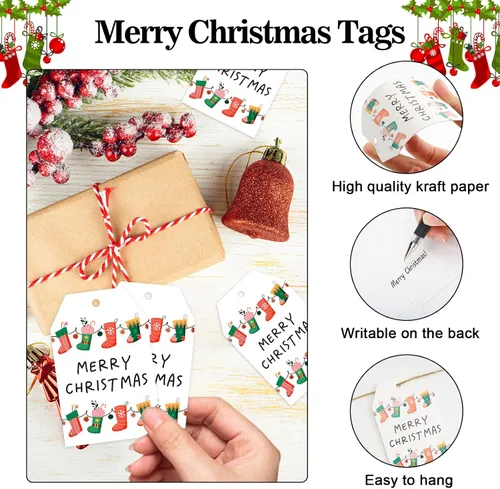 Miniatura 3 de joycraft 50 etiquetas de Feliz Navidad con cuerda - 3.3 x 2.1 pulgadas etiquetas blancas de papel con calcetín navideño, etiquetas colgantes