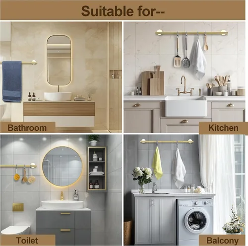 Miniatura 5 de SEIDO Toallero de acero inoxidable 304 para pared de baño, longitud útil de 9.6 pulgadas, barra de toalla de mano dorada cepillada, barra de toalla