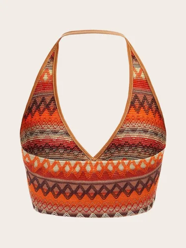 Miniatura 4 de SOLY HUX Top bohemio Y2K halter con estampado de cheurón sin espalda, top sexy para mujer