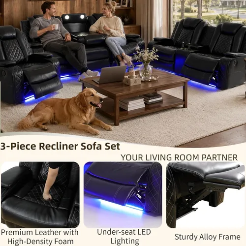 Miniatura 5 de Juego de sofá reclinable de cuero eléctrico con LED, juego de sala de estar de cuero, juego de sofá reclinable con puerto USB/soporte