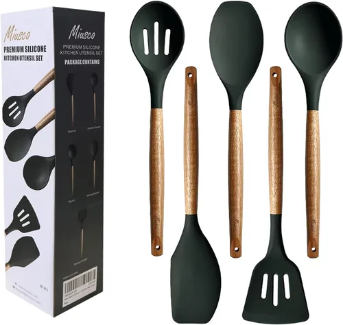 Miniatura 14 de Juego de utensilios de cocina, juego de utensilios de cocina de silicona, espátula de silicona antiadherente con mango de madera dura de acacia Gris