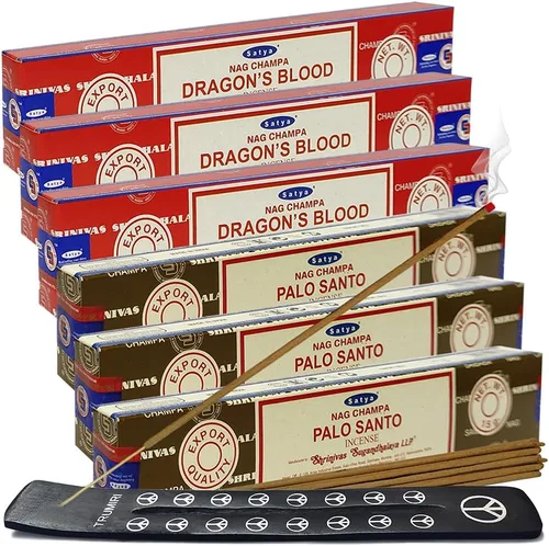 Varillas de incienso de Sangre de Dragón y Palo Santo con soporte, paquete de variedad de la marca House of Nag Champa y Trumiri