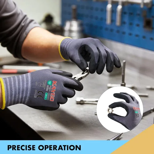 Miniatura 7 de KAYGO MicroFoam - Guantes de trabajo con revestimiento de nitrilo, 12 pares KG19N de nailon de punto sin costuras, micropuntos para un mejor agarre