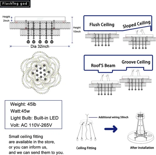 Miniatura 3 de Flashing God Mini Candelabros de Cristal de 12'' de Diámetro Plateados Lámpara de Techo LED Moderna de Montaje Empotrado con Cristales Lámpara