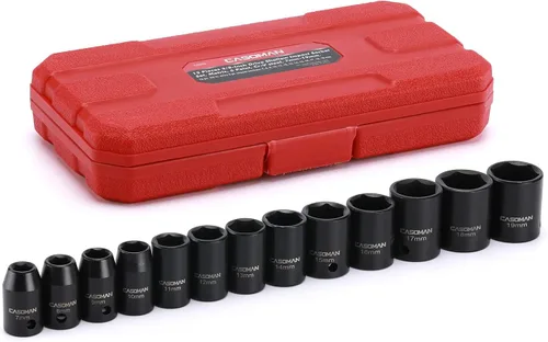 CASOMAN Juego de 13 piezas de llaves de impacto de 3/8 de pulgada, 6 puntos, métricas, poco profundas, CR-V, de 7 mm a 19 mm, estuche de