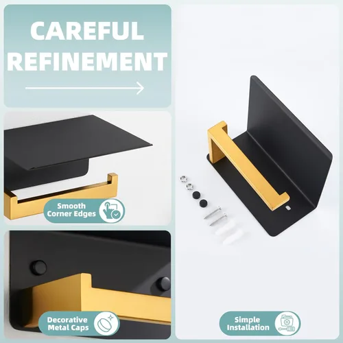 Miniatura 9 de Soporte de papel higiénico con estante para teléfono, color negro y dorado, dispensador de rollos de papel de acero inoxidable APLusee 304