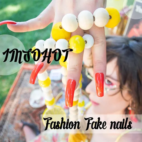 Miniatura 7 de IMSOHOT Uñas postizas, acrílicas de color naranja mate, puntas francesas cuadradas, 24 unidades, uñas extra largas con pegamento con bonitos diseños