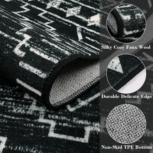 Miniatura 3 de Wonnitar Alfombra marroquí lavable de 5 x 7 pies, color negro, alfombra grande para sala de estar, antideslizante, bohemio, para dormitorio