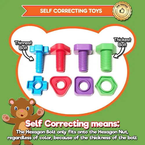 Miniatura 5 de Tuercas y pernos jumbo para niños pequeños – Juego de juego Montessori para niños pequeños y niños pequeños 12 juguetes educativos de terapia