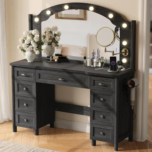 STO'SENSE Escritorio de tocador con espejo y luces, mesa de tocador de maquillaje con 9 cajones, espejo de aumento y toma de corriente, tocador Negro