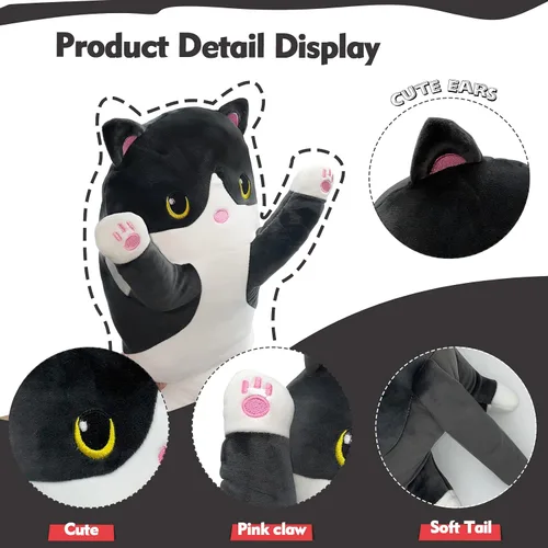 Miniatura 2 de Almohada larga de felpa de gato, 19.6 pulgadas - Adorable peluche de gato negro - Animales de peluche suaves - Almohada tipo cuerpo de gatito