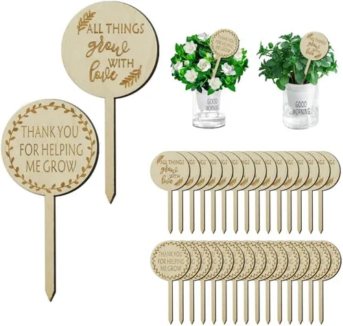 Etiquetas para plantas All Things Grow with Love Tags Thank You for Helping Me Grow - Marcadores de plantas redondas, etiquetas de madera para