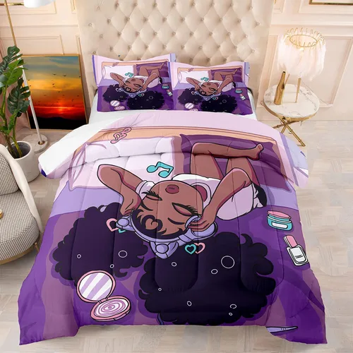 Miniatura 2 de Juego de edredón de niña negra afroamericana, tamaño individual, edredón mágico para niñas negras para decoración de dormitorio Kawaii, juego