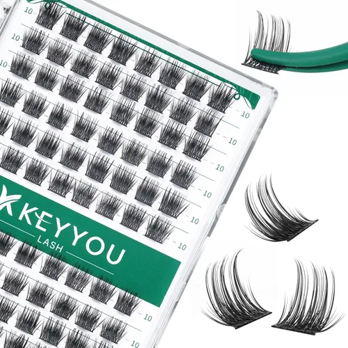 Miniatura 121 de KEYYOU Racimos de pestañas, 96 piezas de extensiones de pestañas DIY, rizado D de 16 mm, negro, realista, no irritante, fácil de colocar en casa