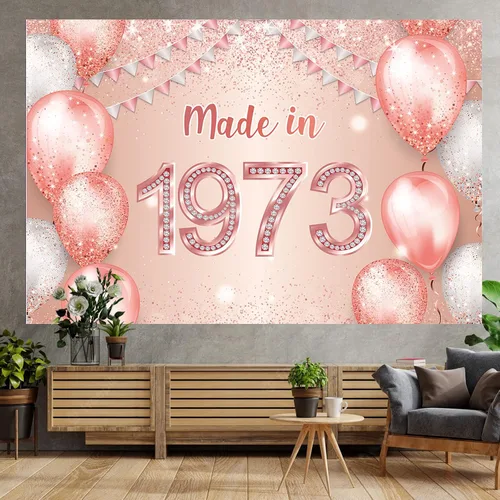 Miniatura 5 de Cartel de feliz cumpleaños número 50 en oro rosa hecho en 1973 con texto en inglés "Cheers to 50 years old", confeti, telón de fondo, decoración