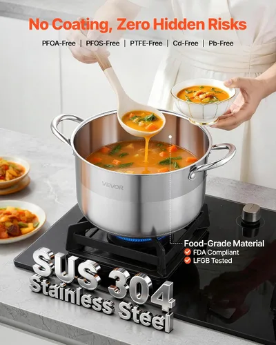 Miniatura 2 de VEVOR Olla de acero inoxidable, olla de acero inoxidable de 8 cuartos con tapa de vidrio, sin PFOA, sin PFAS, compatible con estufas de gas, cocinas