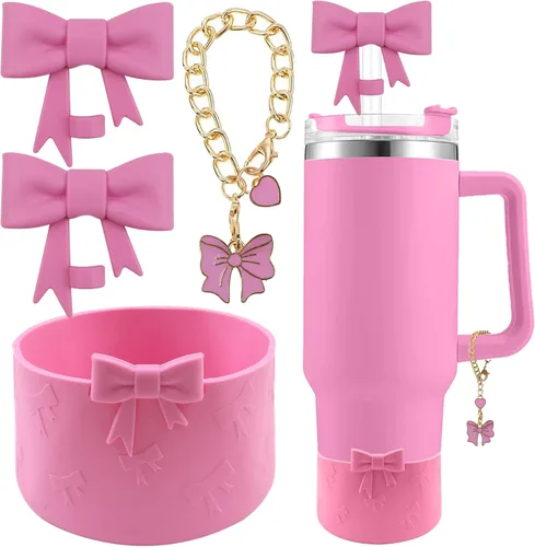 Miniatura 26 de Conjunto de accesorios para taza Hpebl para Stanley, incluye 2 tapas de pajita con moño lindo de 10 mm, tapones reutilizables para pajita, 1 funda