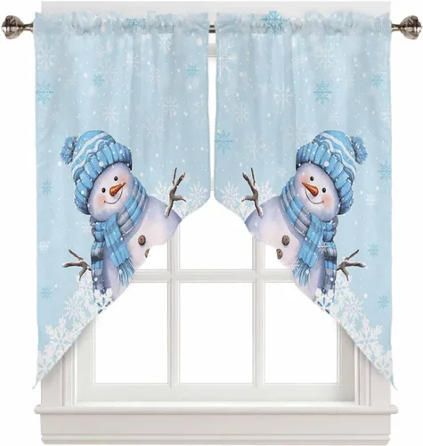 Miniatura 14 de BEMIGO Cortinas de cocina de Navidad, lindas cortinas de granja con muñeco de nieve azul, cenefa con bolsillo para barra de copos de nieve