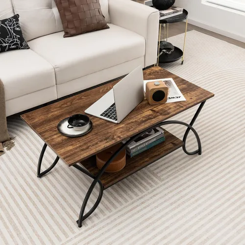 Miniatura 2 de Giantex Mesa auxiliar rectangular de 2 niveles, mesa de grano de madera con estante de almacenamiento abierto, marco de metal acabado negro, mesa