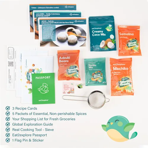 Miniatura 2 de eat2explore Kit de horneado de postres reales para familias Incluye 3 tarjetas de recetas de Japón, Turquía y Columbia con ingredientes clave