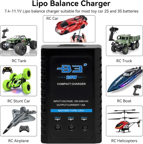 Miniatura 5 de Cargador de batería B3 Lipo - 2S 3S RC Balance Cargadores AC 7.4-11.1V 20W 1.6A con XH3P XH4P Plug para RC Baterías de Coche Drone Barco Avión