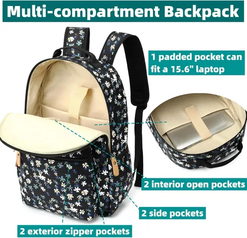 Miniatura 5 de Leaper Mochila para laptop para mujer: linda mochila floral para escuela, universidad, viajes, trabajo, mochila ligera para niños, Negro margarita