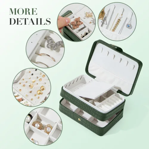 Miniatura 3 de Estuche organizador de joyas de viaje de piel sintética para mujeres y niñas, joyero portátil de 2 capas para aretes, anillos, collares, pulseras